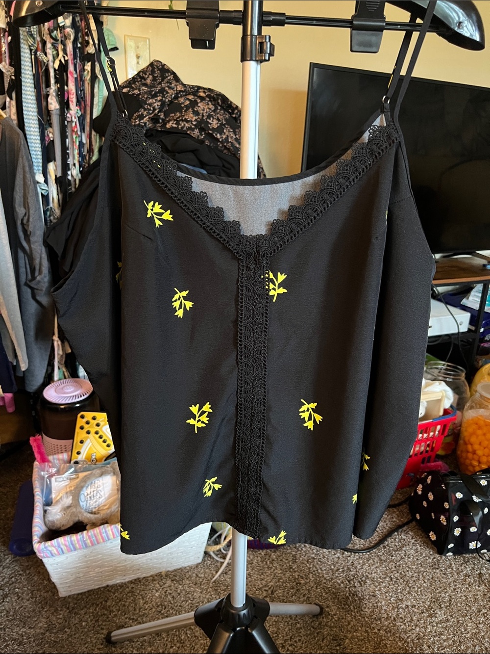 SHEIN Black Lace-Trim Camisole with Yellow Floral Embroidery